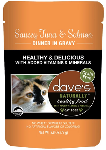 Dave’s Naturally Healthy Cat Food Pouch – Saucey Tuna & Salmon Dinner in Gravy