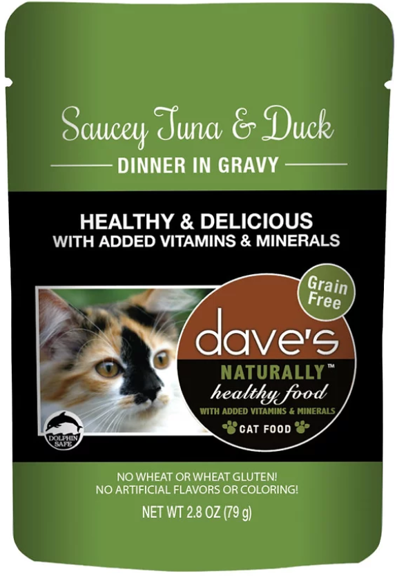 Dave’s Naturally Healthy Cat Food Pouch – Saucey Tuna & Duck Dinner in Gravy